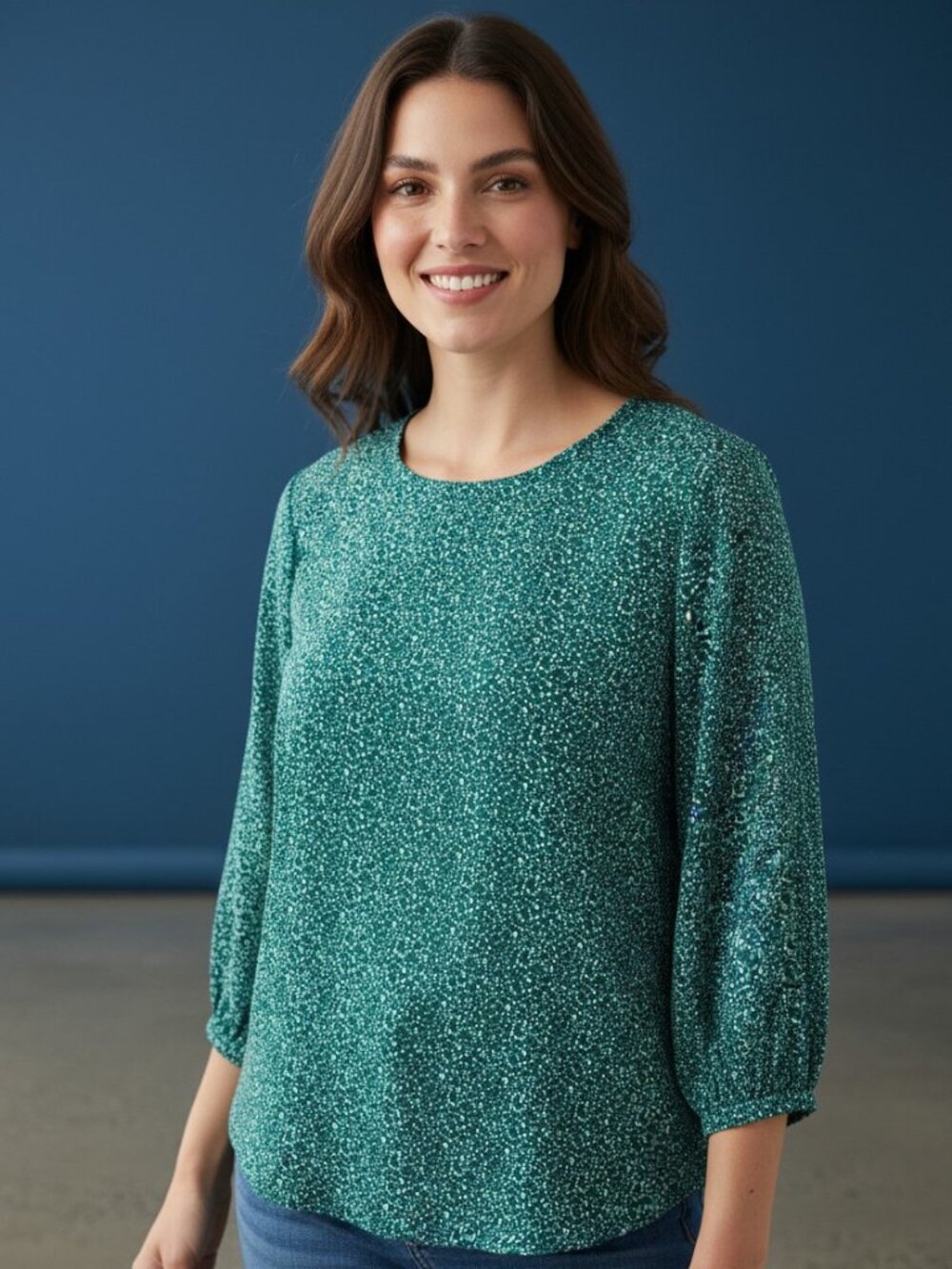 Adrianna Papell Teal Speckled Long-Sleeve Blouse
